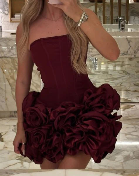 Burgunderrotes Vintage-Kurzes Satin-Falten-Mini-Heimkehrkleid, Cocktailpartykleid, gh4753