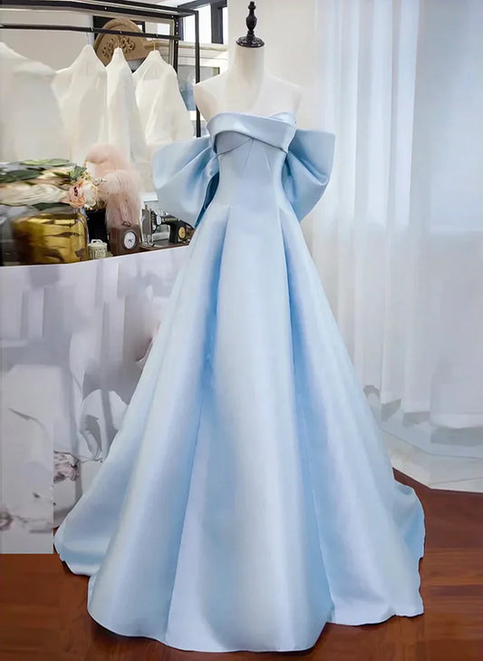 Hellblaues, elegantes, schulterfreies, langes Ballkleid aus Satin mit A-Linie, formelles Abendkleid gh3256