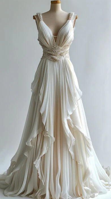 Helles Elfenbein, zartes V-Ausschnitt, mit Perlen besetztes A-Linien-Ballkleid aus langem Tüll, Abendkleid, Hochzeitskleid gh3499