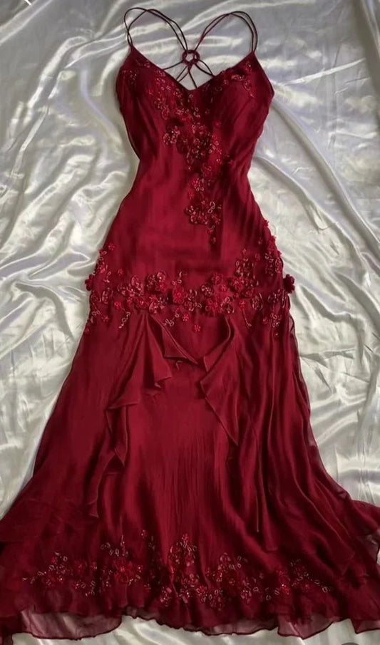 Rot Vintage-Mode elegante exquisite Perlen lange Chiffon bodenlangen Ballkleid Abendkleid Partykleid gh3637