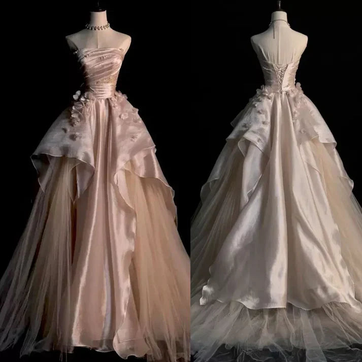 Pink Gorgeous Exquisite A-line Off-shoulder Beaded Long Tulle Ball Gown Wedding Dress Evening Gown gh3497