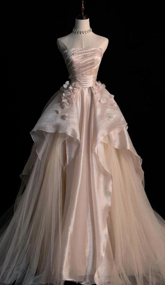 Wunderschönes, exquisites A-Linien-Abendkleid mit schulterfreien Perlen und langem Tüll in Rosa, Ballkleid, Hochzeitskleid, Abendkleid gh3497