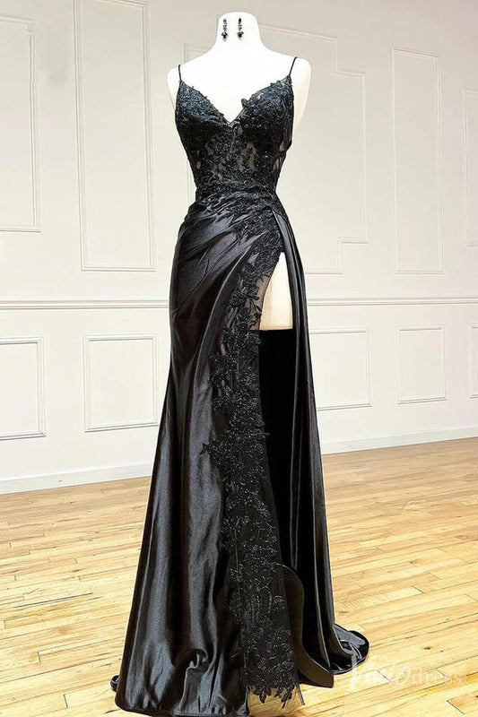 Black fashion classy sexy V-neck exquisite lace spaghetti straps side slits long satin prom dress evening dress party dress gh2611