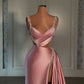 Rosa wunderschöne glänzende V-Ausschnitt modische exquisite Perlen Spaghetti-Trägern lange Satin sexy Ballkleid, Abendkleid, Partykleid gh3521