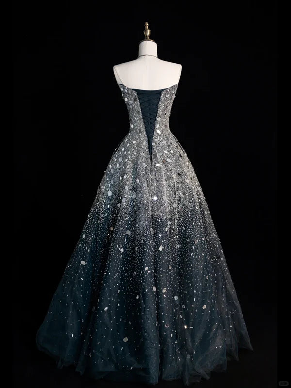 Black silver gorgeous sparkling elegant galaxy long sequined tulle floor-length ball gown evening dress gh4378
