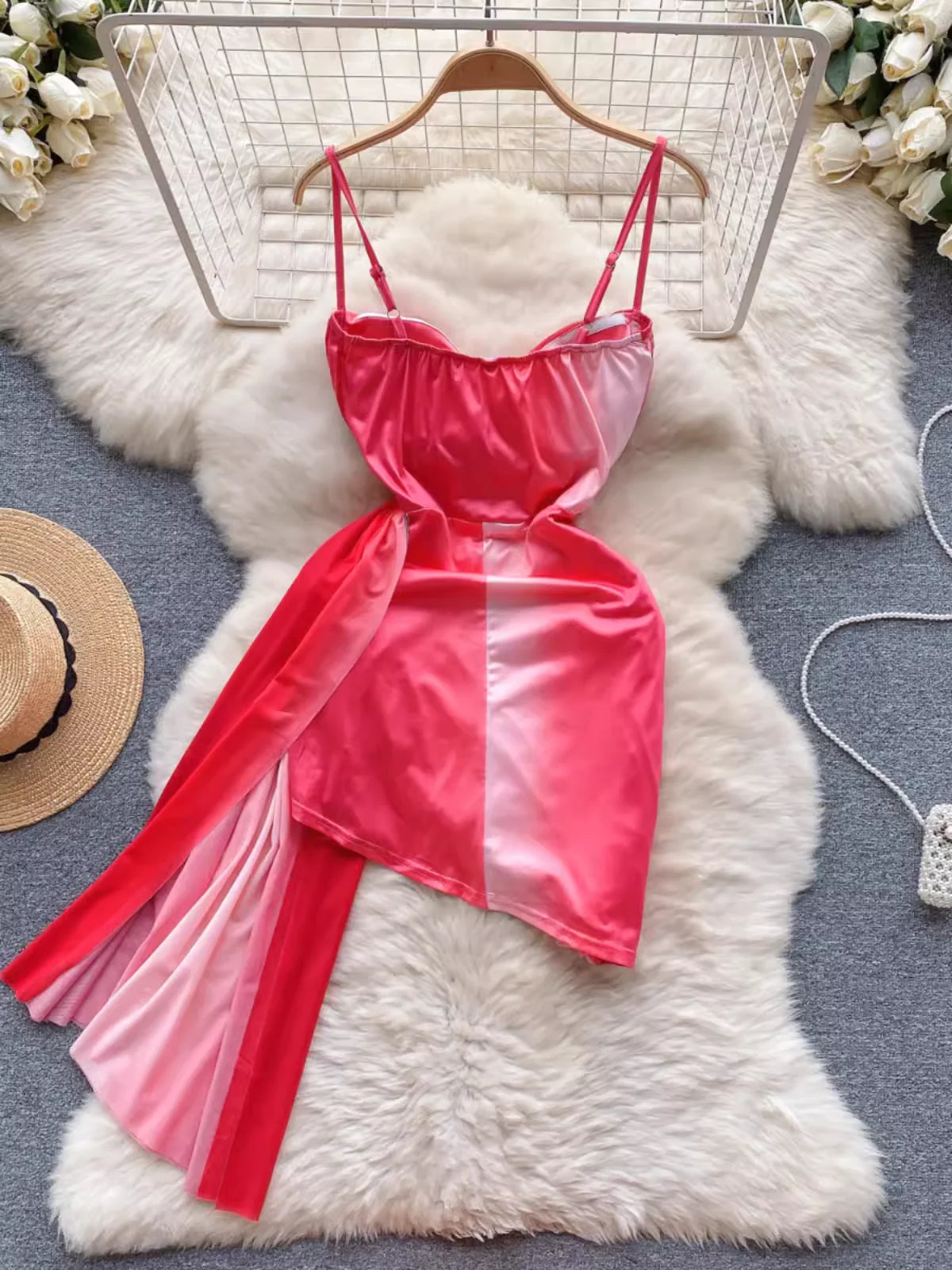 Pink Fashion Spaghetti Strap Irregular Hip Skirt Sexy Suspender Dress for Women 11280