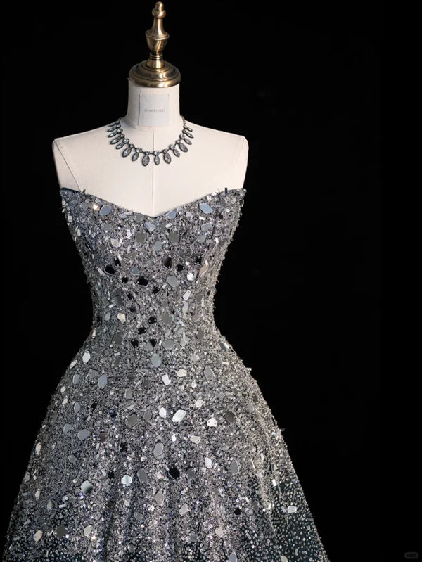 Black silver gorgeous sparkling elegant galaxy long sequined tulle floor-length ball gown evening dress gh4378