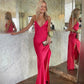 Heißes rosa A-Linie V-Ausschnitt ärmellos langes Satin Ballkleid Abendkleid Partykleid gh2921