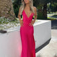 Heißes rosa A-Linie V-Ausschnitt ärmellos langes Satin Ballkleid Abendkleid Partykleid gh2921