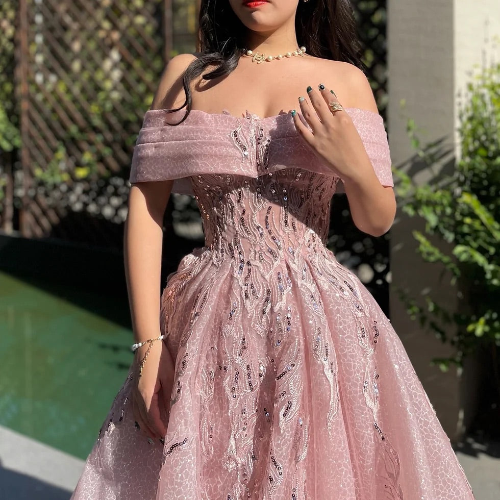 Rosa Glitzer, exquisite Perlen, schulterfrei, A-Linie, elegantes langes Tüll-Ballkleid, Abendkleid, Märchenprinzessinkleid gh2752