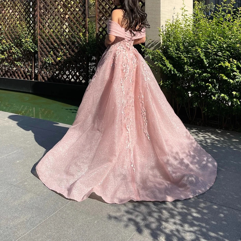 Rosa Glitzer, exquisite Perlen, schulterfrei, A-Linie, elegantes langes Tüll-Ballkleid, Abendkleid, Märchenprinzessinkleid gh2752