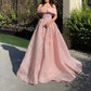 Rosa Glitzer, exquisite Perlen, schulterfrei, A-Linie, elegantes langes Tüll-Ballkleid, Abendkleid, Märchenprinzessinkleid gh2752