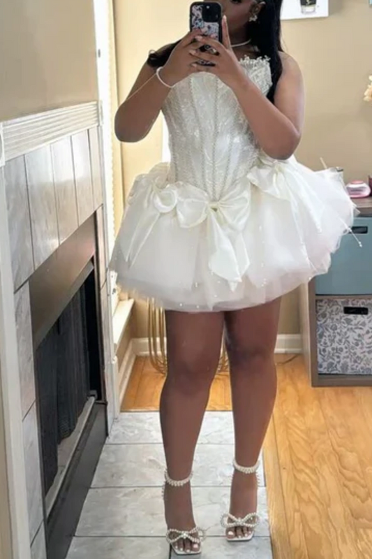 girlhomeshops--White/Pink Delicate Beaded Short Tulle Homecoming Dress gh5564