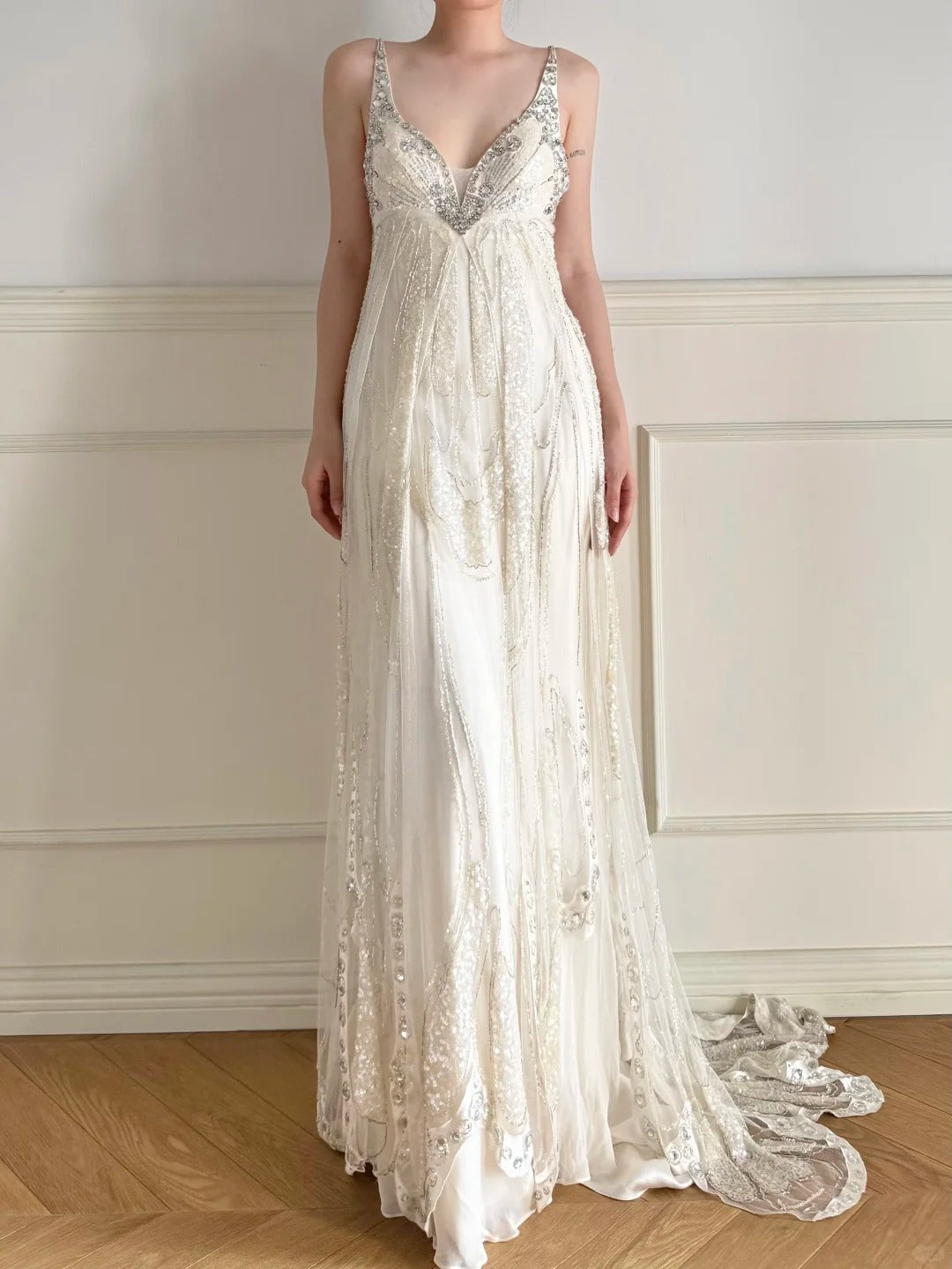 Girlhomeshops - Elfenbeinweißes langes Chiffon-Ballkleid mit Perlen und Pailletten, Abendkleid, Partykleid, gh5244