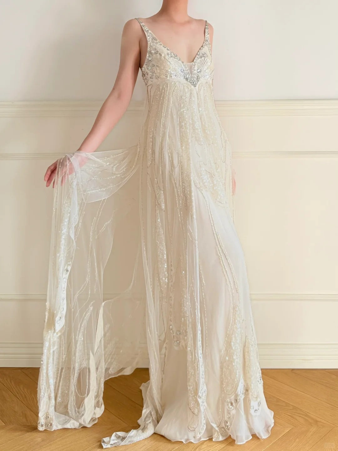 Girlhomeshops - Elfenbeinweißes langes Chiffon-Ballkleid mit Perlen und Pailletten, Abendkleid, Partykleid, gh5244