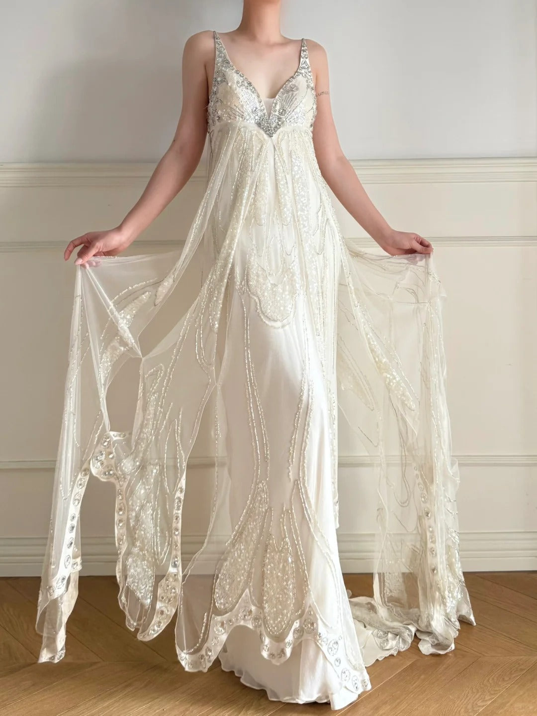 Girlhomeshops - Elfenbeinweißes langes Chiffon-Ballkleid mit Perlen und Pailletten, Abendkleid, Partykleid, gh5244