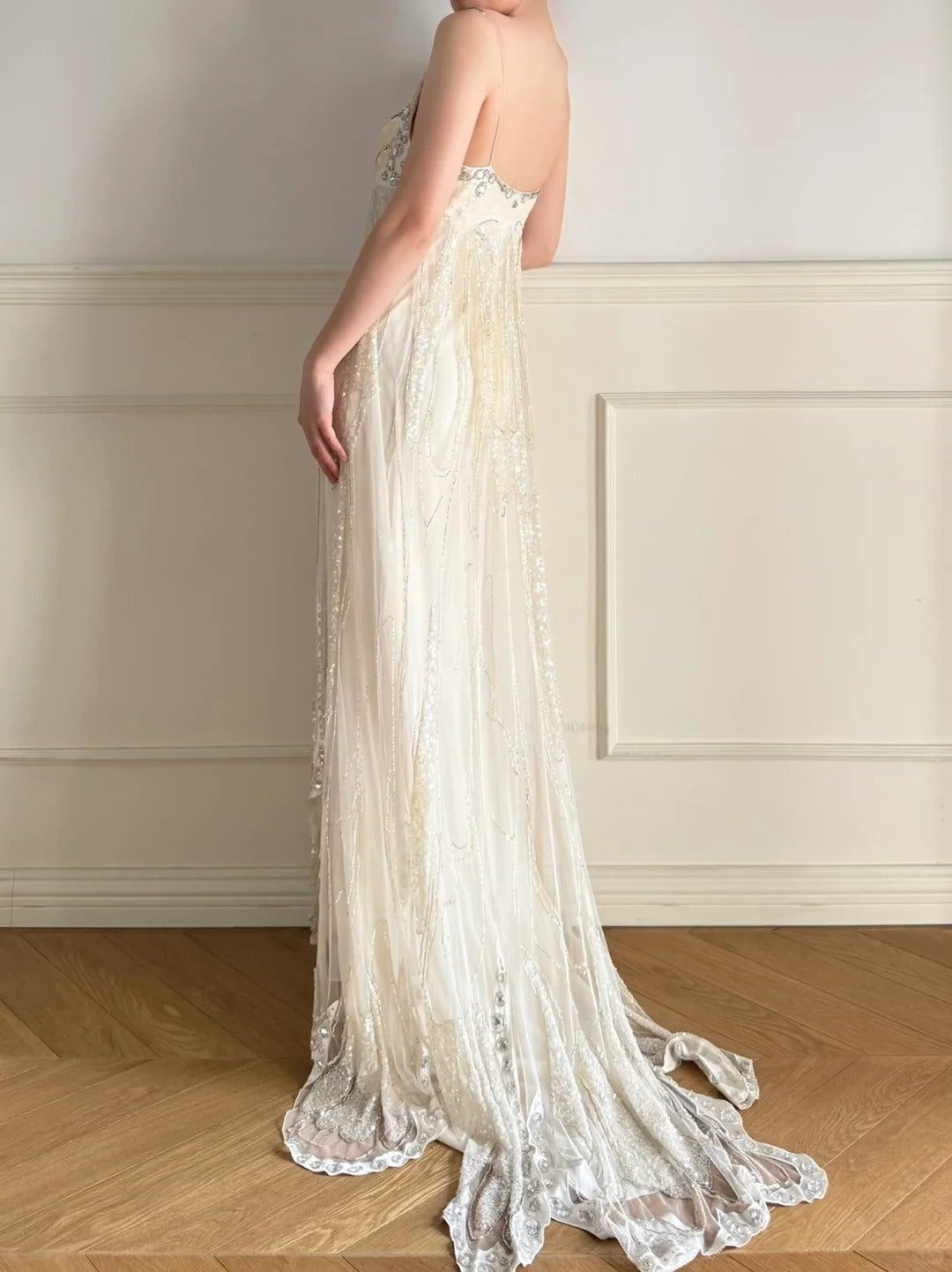 Girlhomeshops - Elfenbeinweißes langes Chiffon-Ballkleid mit Perlen und Pailletten, Abendkleid, Partykleid, gh5244