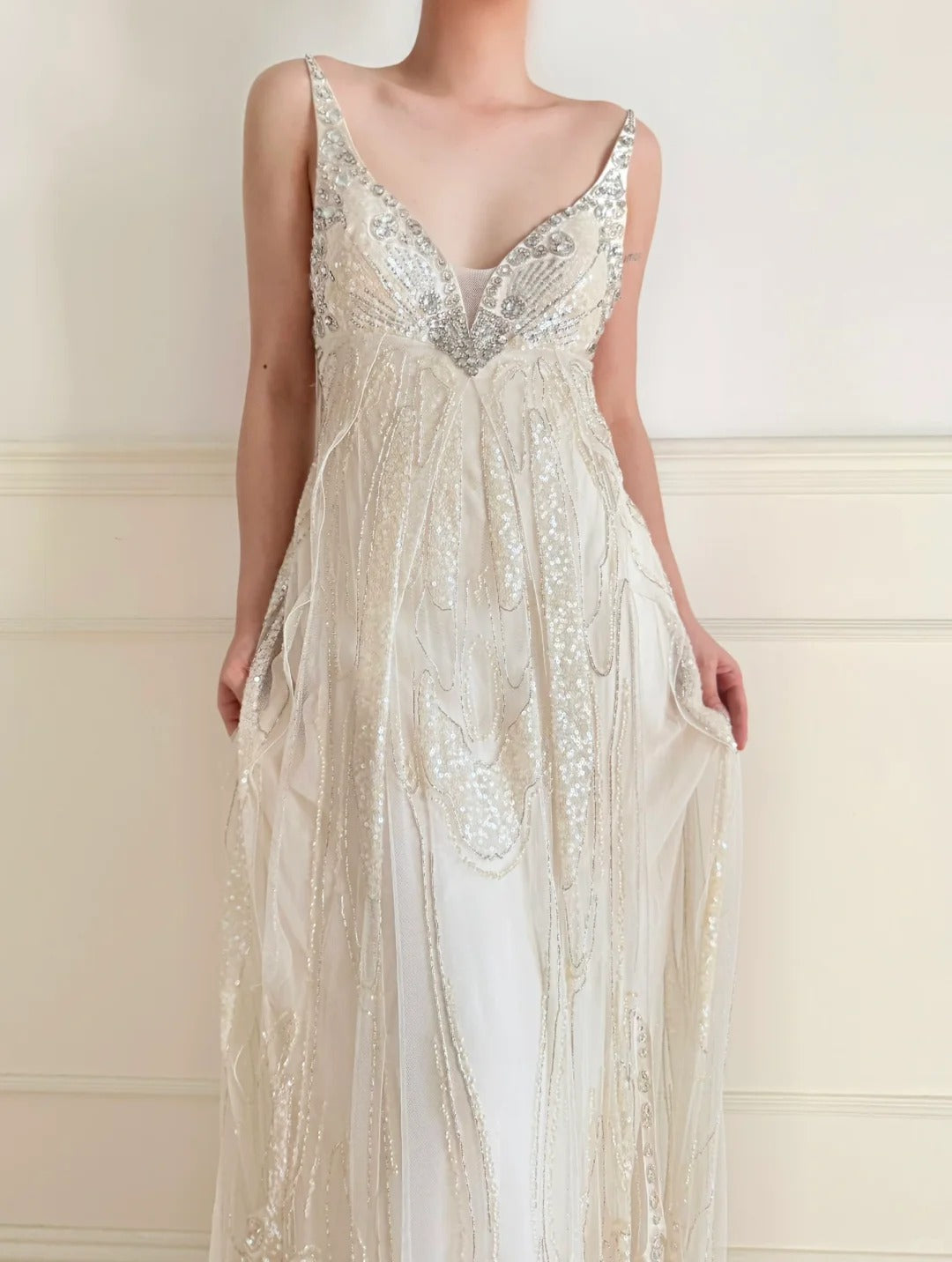 Girlhomeshops - Elfenbeinweißes langes Chiffon-Ballkleid mit Perlen und Pailletten, Abendkleid, Partykleid, gh5244