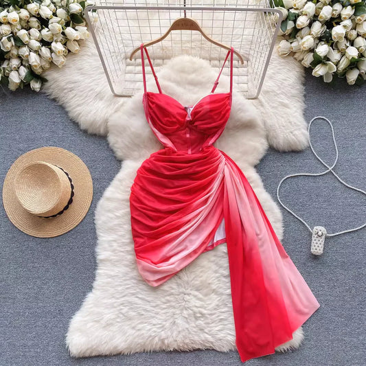 Robe à bretelles sexy rose à bretelles spaghetti et hanches irrégulières pour femmes 11280