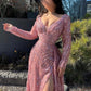 Long sleeved sequins a line prom dress shiny pink evening gown with slit gh2751