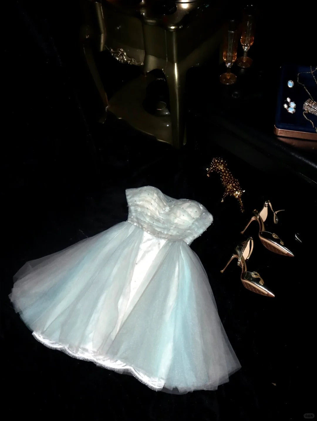 Tiffany blaues Tüllkleid mit Perlenbesatz, kurzes Homecoming-Kleid, Ballkleid, Abendkleid, gh4388