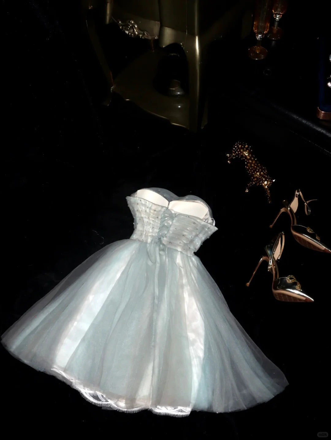 Tiffany blaues Tüllkleid mit Perlenbesatz, kurzes Homecoming-Kleid, Ballkleid, Abendkleid, gh4388