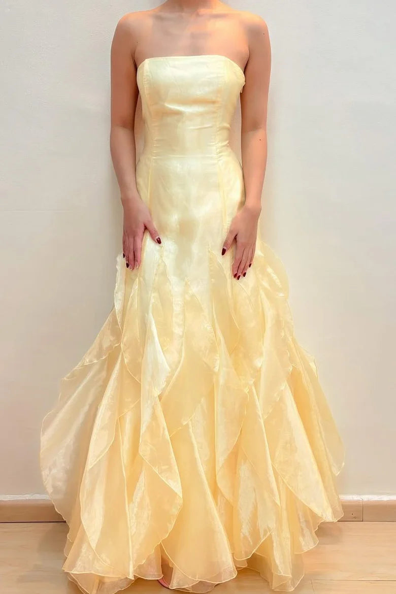 Gelbes elegantes, schulterfreies, ärmelloses Tube-Top mit langen Chiffon-Rüschen, formelles Ballkleid, Abendkleid, Partykleid gh3480