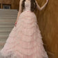 Pink shiny elegant off-shoulder sweet ruffle long tulle tiered ball gown, evening dress, party dress gh3536