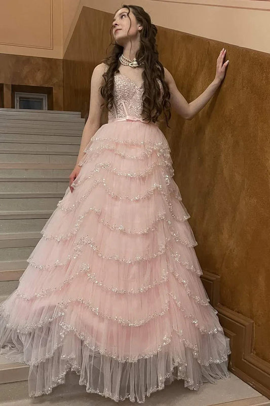 Robe de soirée longue en tulle rose brillant, élégante, à épaules dénudées, à volants, à plusieurs niveaux, robe de bal, robe de soirée gh3536