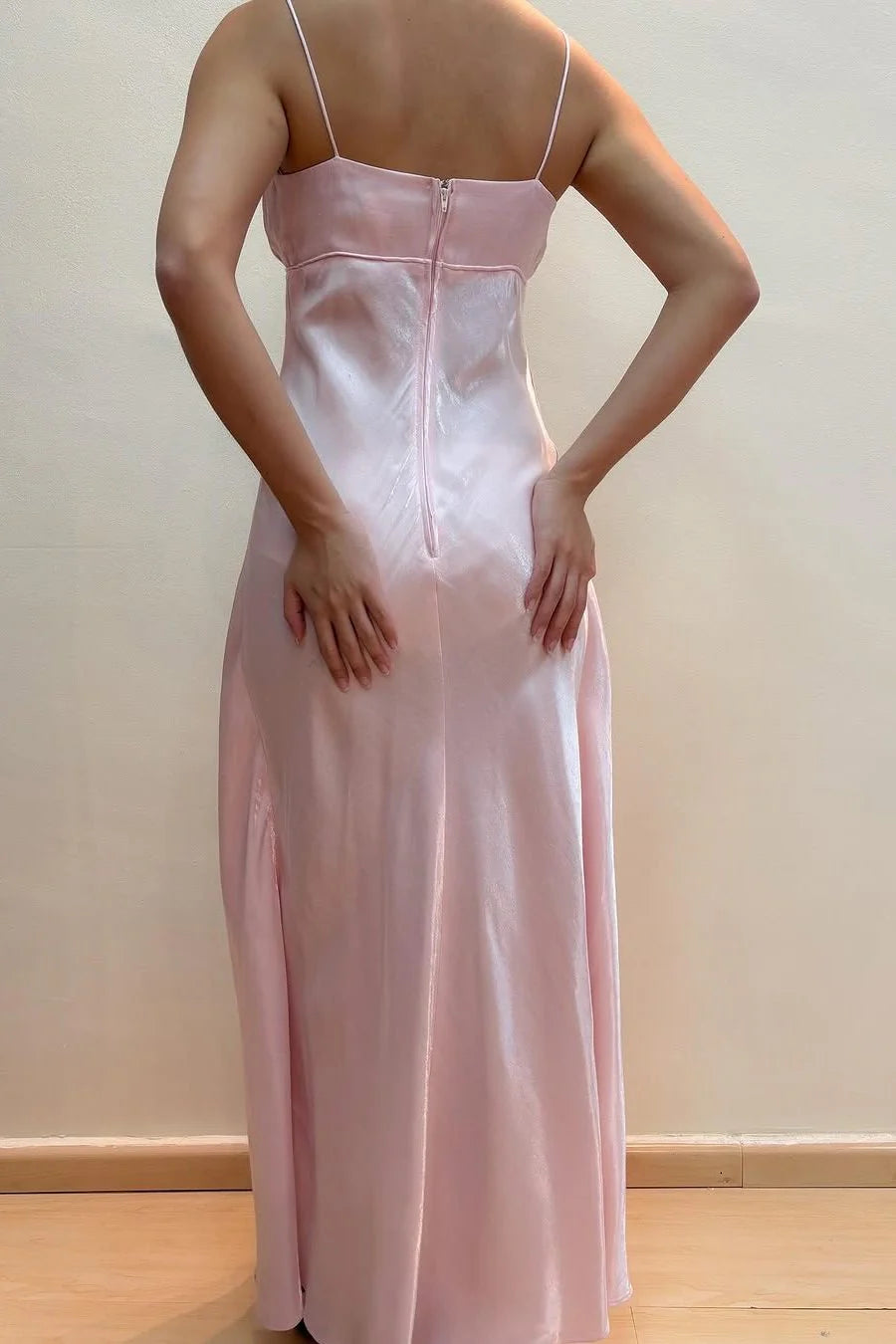 girlhomeshops-- Feenkleid, rosa, A-Linie, Spaghettiträger, hohe Taille, ärmellos, lang, Satin, Ballkleid, gh5724