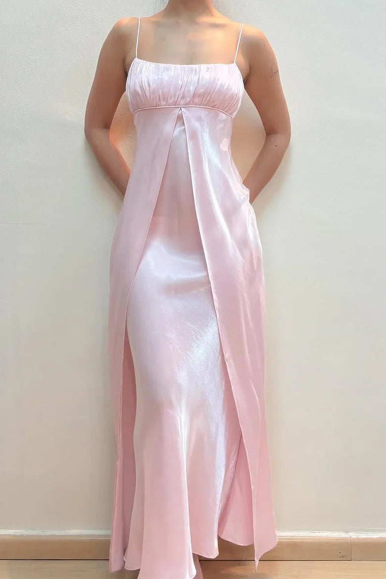 girlhomeshops-- Feenkleid, rosa, A-Linie, Spaghettiträger, hohe Taille, ärmellos, lang, Satin, Ballkleid, gh5724