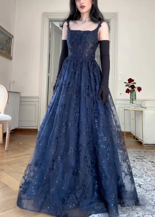 Marineblaues Vintage-Mode-elegantes trägerloses A-Linien-Ballkleid mit zarter Spitze und langem Tüll-Abendkleid gh3616