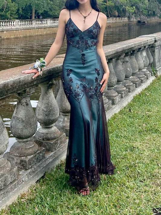Türkis Vintage Elegant Exquisite Blumen Perlen Spaghettiträger Langes Chiffon Ballkleid Abendkleid Geburtstagsparty Kleid Formelle Damen Ballkleid gh3931