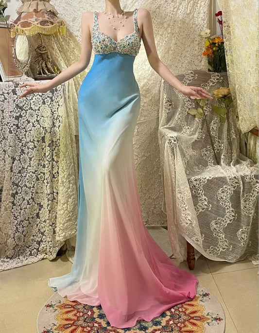 Robe de soirée sirène longue en mousseline de soie à perles arc-en-ciel bleue, robe de soirée gh4437