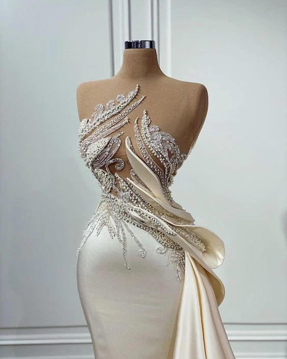 Champagner Farbe Wunderschöne exquisite Perlen lange elegante Abendkleid sexy formale Ballkleid Partykleid gh2177