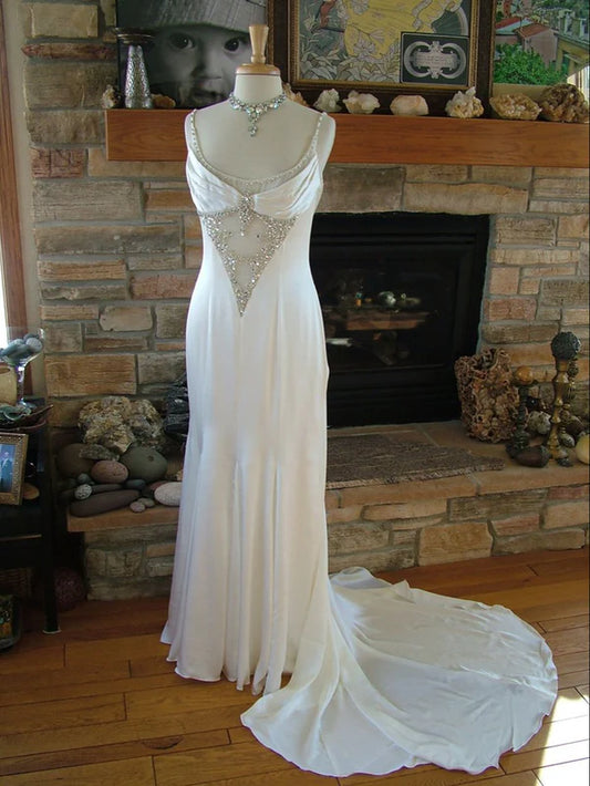 Reines Weiß wunderschöne exquisite elegante Spaghettiträger lange Satin bodenlangen Schleppe Ballkleid Abendkleid Brautkleid gh3633