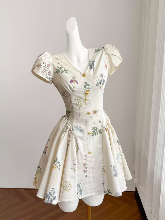 Robe de soirée à imprimé végétal rétro français pour femmes, courte, design de niche d'été 11288