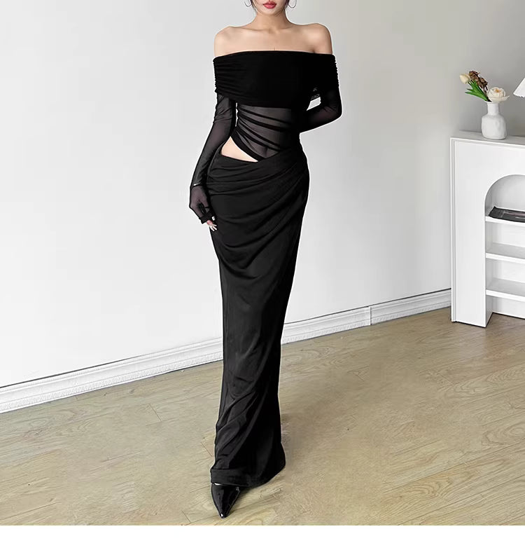 A sophisticated and elegant off-the-shoulder dress with mesh paneling, featuring subtle cutouts and a slimming waist for a flattering autumn look.  11461
