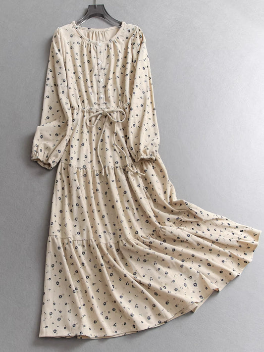 Robe-chemise longue ample en velours côtelé Daisy, col rond, manches bouffantes, cordon de serrage, style français, référence 11315