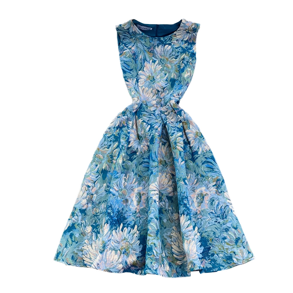 Sommerkleid im Retro-Palaststil mit Ölgemälde und Jacquardmuster, Rundhalsausschnitt, ärmellos, taillenabnehmend, mittellang und lang, A-Linie 11287