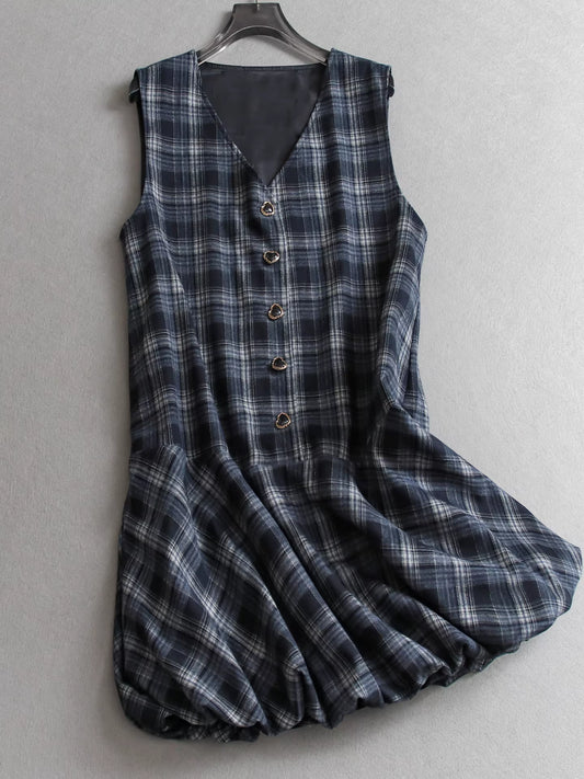 Robe sans manches à carreaux color-block, col en V, jupe tulipe courte à volants, robe femme 11321