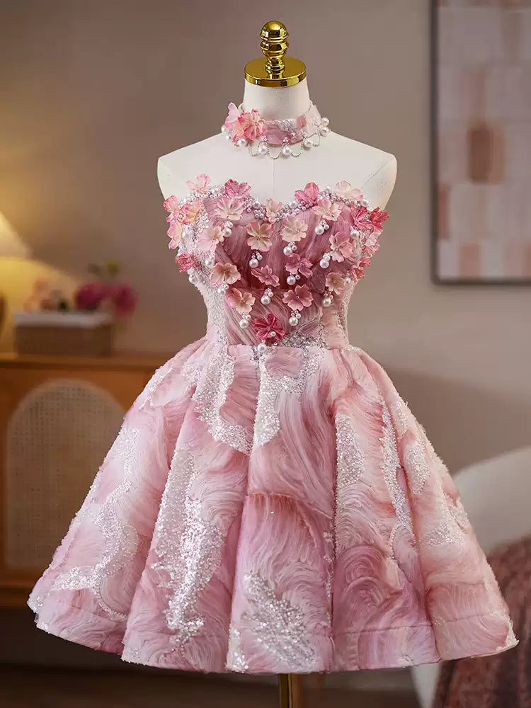 Rosa flauschiges süßes Mädchen kurzes Ballkleid Homecoming-Kleid Party Geburtstagsparty Tube Top Prinzessinnenkleid gh4605