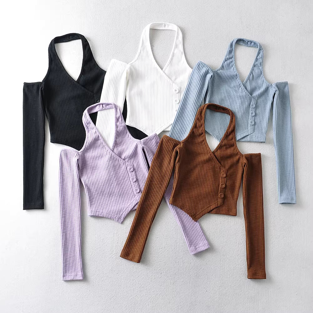 Asymmetrischer Saum, sexy Neckholder, schulterfreies, figurbetontes Langarmshirt, kurzes Damentop für Frühling/Sommer. 11396