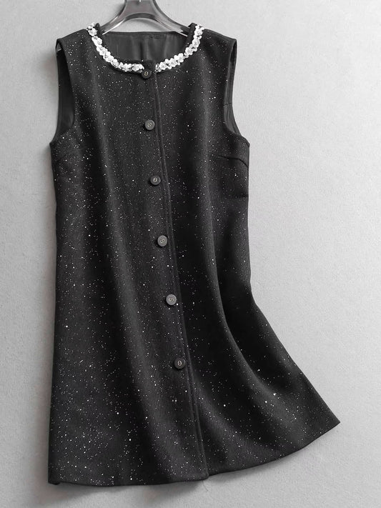 Robe-gilet noire à col rond et boutons, ornée de strass, longueur midi, élégante robe pour femme. 11308
