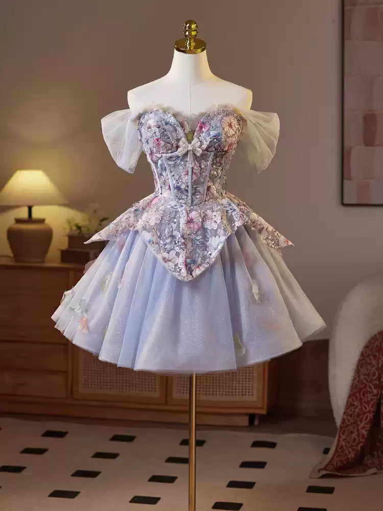 Robe de soirée courte et bouffante bleu violet, robe de princesse française en maille pour fête d'anniversaire, robe de bal gh4604