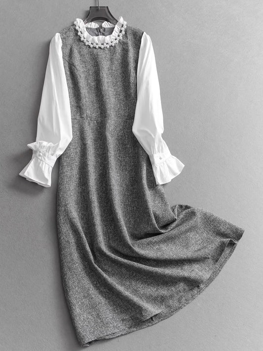 Robe longue à manches longues effet deux-pièces, col à volants orné de perles, design color-block, manches cloche, style chic français 11310