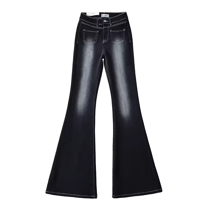 Women's slim-fit, retro-style high-waisted floor-length jeans with visible stitching and front pockets. 11418