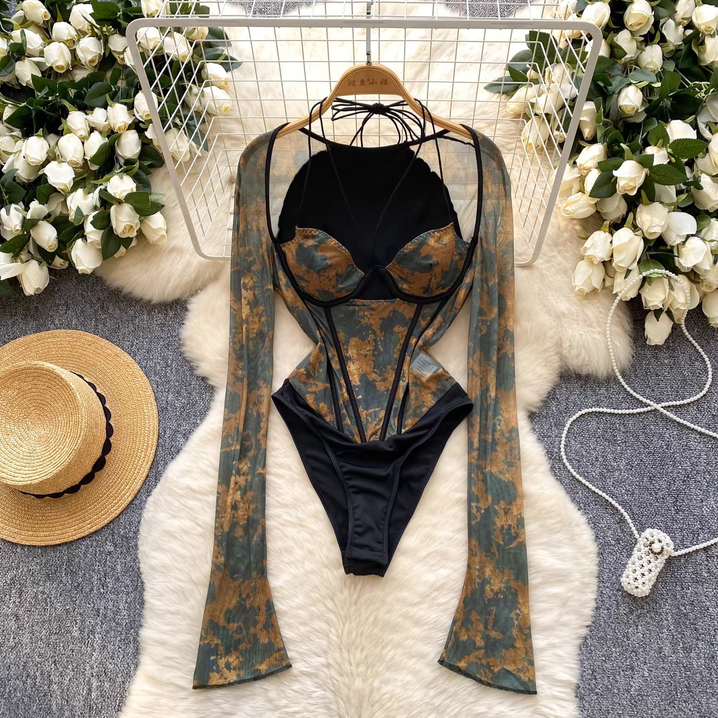 Sexy Damen-Shapewear-Top im europäischen und amerikanischen Stil mit tiefem Ausschnitt, Neckholder, bedrucktem Mesh-Gewebe und langen Ärmeln (Artikelnummer 11497)