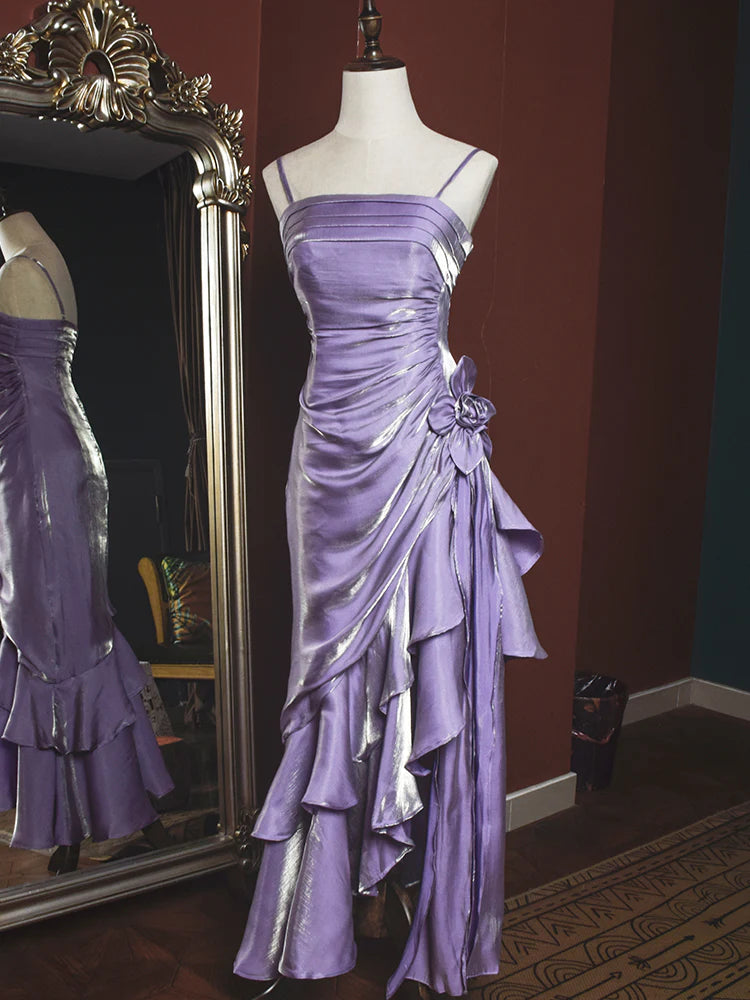 Robe de soirée longue en satin bleu brillant et élégant à bretelles spaghetti gh3489