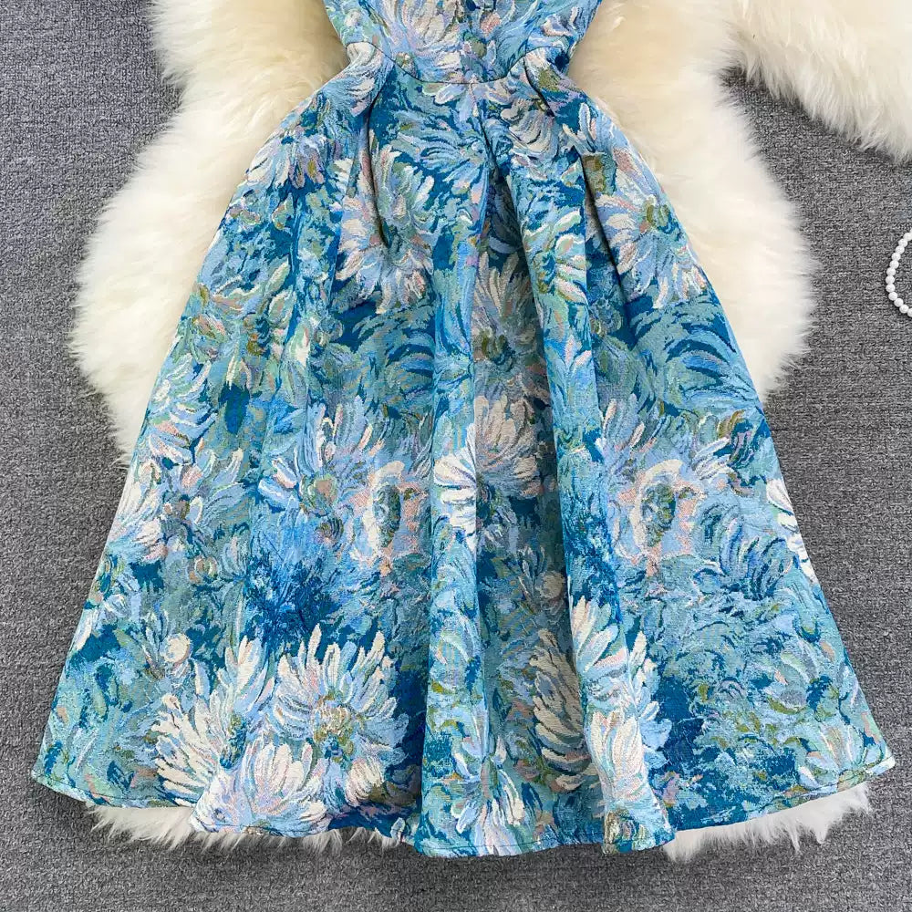 Sommerkleid im Retro-Palaststil mit Ölgemälde und Jacquardmuster, Rundhalsausschnitt, ärmellos, taillenabnehmend, mittellang und lang, A-Linie 11287